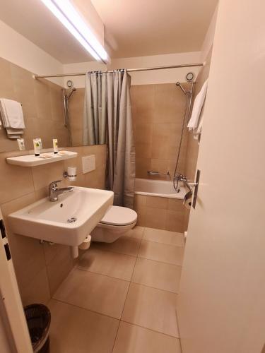 a bathroom with a sink and a toilet and a shower at Hôtel de la Poste Martigny - City Center in Martigny-Ville