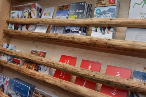 a display of books on a wooden shelf at Salzgeber Appartements in Sankt Gallenkirch