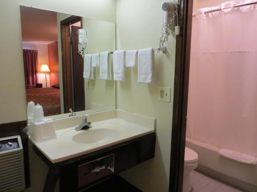 a bathroom with a sink and a toilet and a mirror at Americas Best Value Inn Cartersville in Cartersville