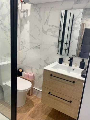 une salle de bain avec un lavabo, des toilettes et un miroir dans l'établissement Joli studio spacieux, à Ajaccio