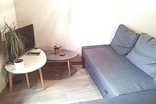 ein kleines Zimmer mit einem Bett, einem Tisch und einem Sofa in der Unterkunft Appartement en duplex - tout confort plein-centre in Lavaur