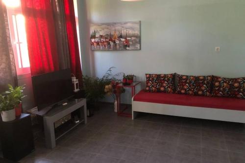 a living room with a couch and a flat screen tv at ΑΝΑΚΑΙΝΙΣΜΕΝΗ ΜΟΝΟΚΑΤΟΙΚΙΑ στο κέντρο της πόλης με κήπο in Mesolongion