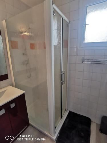 une douche avec une porte vitrée dans une salle de bain dans l'établissement T2 cosy proche des pistes, à Briançon