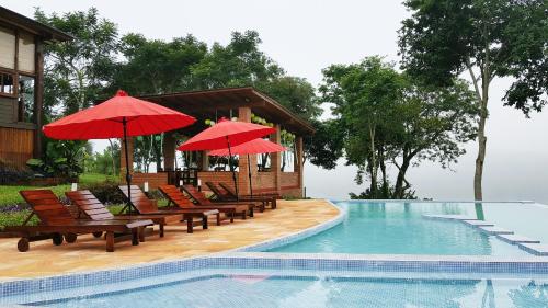 een zwembad met stoelen en parasols naast een huis bij Puro Moconá Lodge in El Soberbio