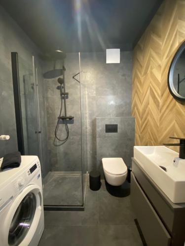La salle de bains est pourvue d'une douche, de toilettes et d'un lavabo. dans l'établissement Apartament 87, à Szczecin
