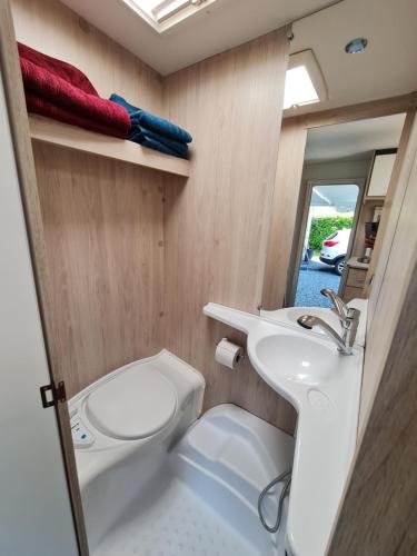 een kleine badkamer met een toilet en een wastafel bij Caravane tractable in Paliseul