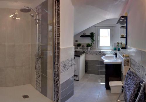 een badkamer met een douche en een wastafel bij Le Figuier-les instants Charline in Martigues