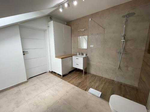 łazienka z prysznicem i umywalką w obiekcie Apartament Rynek 13 z parkingiem - Centrum Bochni w mieście Bochnia