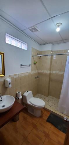 a bathroom with a toilet and a shower and a sink at Hotel & Restaurant Fleur de Lis in Concepción de Ataco