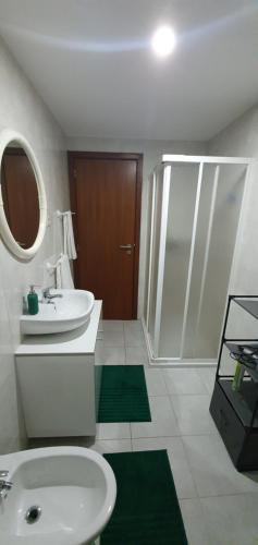 uma casa de banho branca com um lavatório e um chuveiro em Cisterna Loft em Lamego
