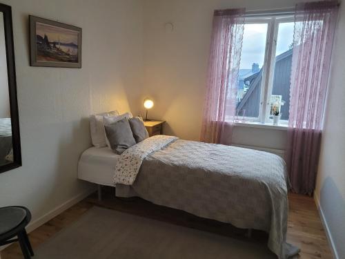 a small bedroom with a bed and a window at Lovely, spacious apartment with free parking in Sandviken