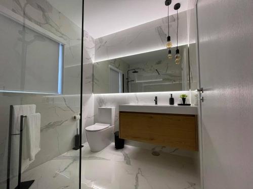 a bathroom with a sink and a toilet and a mirror at Casa do Patorrinho in Arcos de Valdevez
