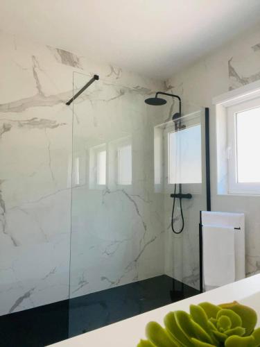 a bathroom with a shower with a glass door at Casa do Patorrinho in Arcos de Valdevez