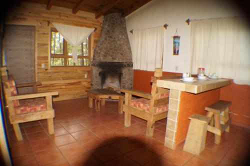 a living room with a fireplace in a log cabin at Cabañas RuizSeñor in Mazamitla