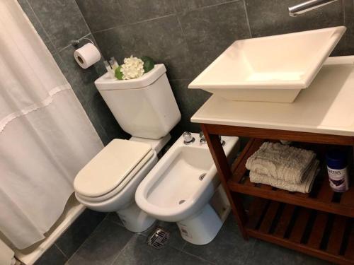 a bathroom with a white toilet and a sink at Departamento Boutique en Nueva Córdoba in Cordoba