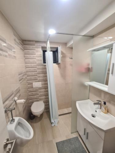 a bathroom with a toilet and a sink and a toilet istg at Portorož Apartments in Portorož