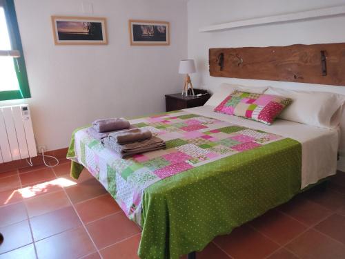 エル・ポブレ・ノウ・デル・デルタにあるLo Mas de Suriacaのベッドルーム1室(緑とピンクの毛布付きのベッド1台付)