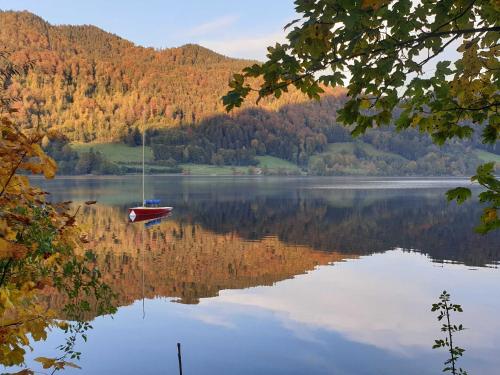 a boat is sitting on a lake with trees at Landhaus SeenSucht in Schliersee
