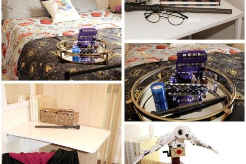 een collage van foto's van een kamer met een bed bij Royal Brick Home - Sleeps 5 to 6 - No ULEZ - Tube Nearby - Free Parking - Lego Themed in Slough