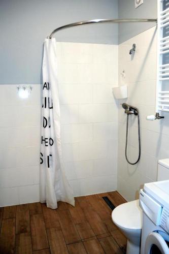 uma casa de banho com chuveiro e cortina de chuveiro em Apartament Centrum Wągrowiec em Wągrowiec