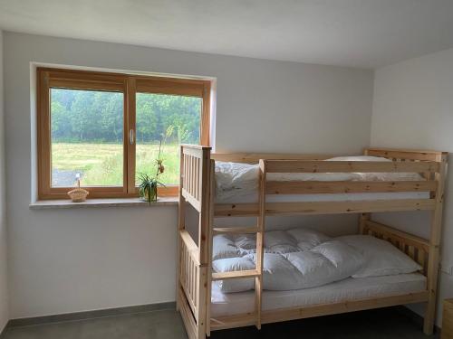 a bedroom with two bunk beds and a window at Ferienwohnung an der Reitanlage in Glashütte