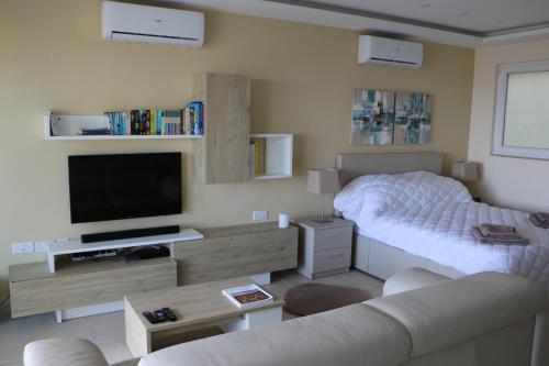 Una televisión o centro de entretenimiento en Wileg 4A Luxury Studio Apartment with Shared Swimming Pool.