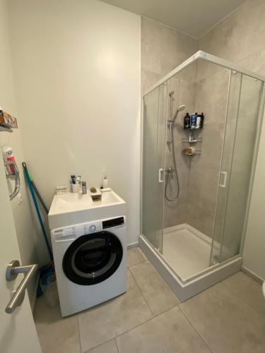 a bathroom with a shower and a washing machine at Apartamentai-butas “MANO JŪRA” komplekse in Palanga