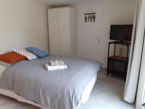 een slaapkamer met een bed met twee handdoeken erop bij Agréable studio à 5 mn à pied de la mer in Langrune-sur-Mer