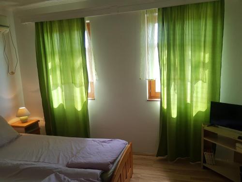a bedroom with green curtains and a bed and a television at Villa Diiva Čurug in Čurug