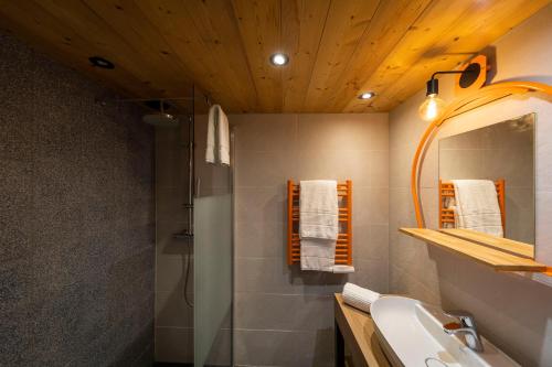 a bathroom with a shower and a sink and a mirror at Hotel Base Camp Lodge - Les 2 Alpes in Les Deux Alpes