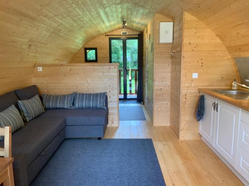 - un salon avec un canapé dans une petite maison dans l'établissement Chalet 2 Moulin du Squiriou, à Berrien