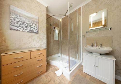 a bathroom with a shower and a sink and a toilet at The Hill Hotel in Dumfries