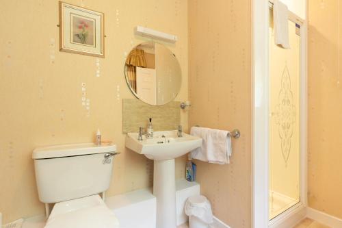 a bathroom with a toilet and a sink and a mirror at The Hill Hotel in Dumfries