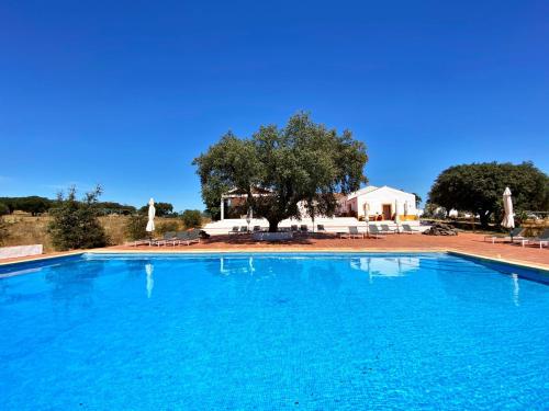 a large blue swimming pool with a house in the background at Quinta dos Amarelos in Vaiamonte