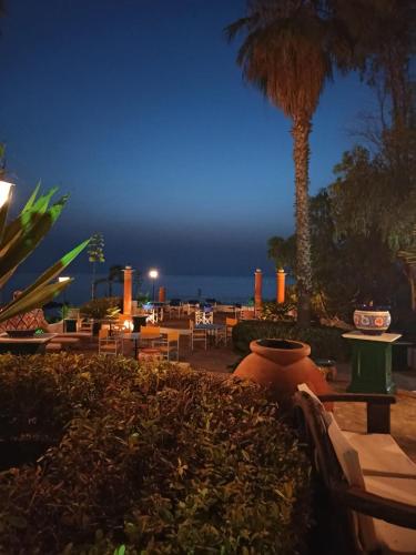 a patio with chairs and a palm tree at night at Residenza Villa Spagnola in Parghelia