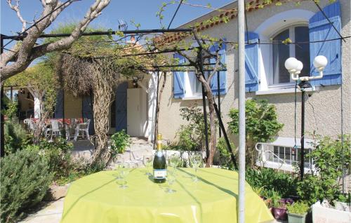 a table with a bottle of wine sitting on it at Pet Friendly Home In Puy Saint Martin in Puy-Saint-Martin