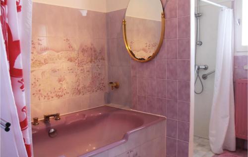 a pink tub in a bathroom with a mirror at Pet Friendly Home In Puy Saint Martin in Puy-Saint-Martin