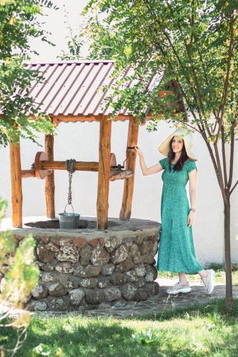 a woman in a green dress and hat holding an umbrella at Aragats Hotel in Aragats