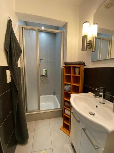 a bathroom with a shower and a sink and a tub at Roggendorf 2, zentrumnah und voll ausgestattet in Mechernich