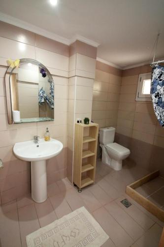 a bathroom with a sink and a toilet and a mirror at Santa Barbara Lakis Apartments in Perivolion