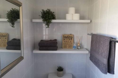 a bathroom with a mirror and a toilet and towels at Cozy, peaceful garden cottage in Cape Town