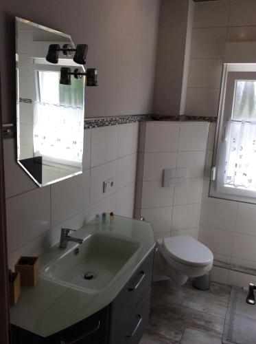 a bathroom with a sink and a toilet and a mirror at Ferienwohnung A&K in Bottrop