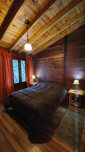 a bedroom with a large bed in a wooden room at Estancia Laguna Vitel in Chascomús
