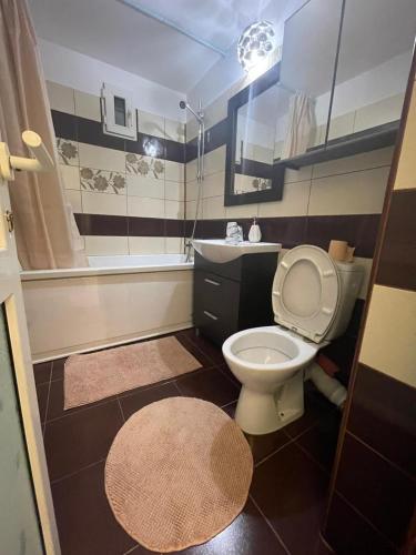 een badkamer met toilet, wastafel en bad bij Luxury House Medusa in Piteşti