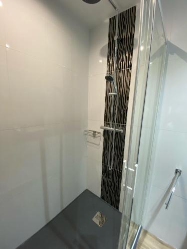 a shower with a glass door in a bathroom at Chambre d'Hotes La Chaiserie in Romeries