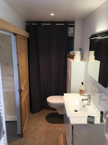 une salle de bain avec des toilettes blanches et un lavabo dans l'établissement Les Vallées, à Fondettes