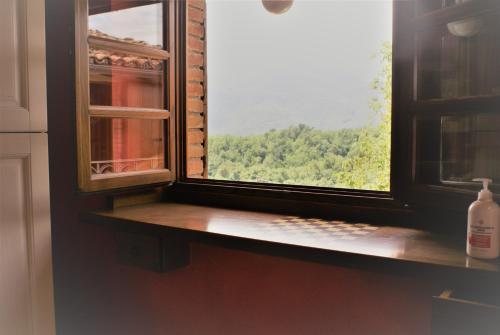 a window in a kitchen with a view of a forest at Tradizione Toscana ristrutturata nel 2021 in Barga