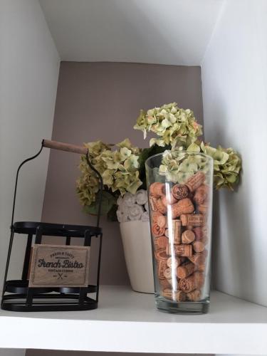 a vase filled with peanuts on a shelf next to a plant at Gîte des Agapanthes in Lacroix-sur-Meuse