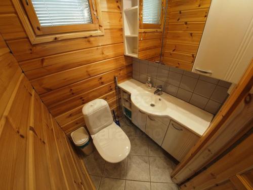 a small bathroom with a toilet and a sink at Ilvestie B in Syöte