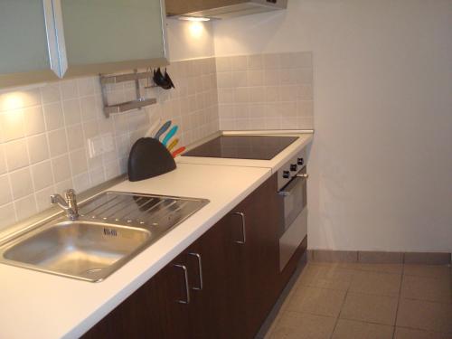 a kitchen with a sink and a counter top at Apartment MT Bovec in Bovec